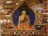 British Museum Top 20 Buddhism 15-1 Buddha With Scenes Of His Former Lives Tangka 15. Shakyamuni Buddha With Scenes Of His Former Lives Tangka � Tibet, around 1600, 71 x 48 cm. The British Museum has many artifacts that are not on display, like this one. Seated slightly higher than midway, Shakyamuni Buddha is shown in his normal earth witness mudra. Starting at the top left corner are ten of his former lives, or jatakas: Skuddabodhi, Mahahamsa, Mahabodhi, Great Ape, Skarabha Deer, Ruru Deer, Monkey King, Kshantivada, Brahma, and White Elephant. Photo � Marilyn Rhie and Robert Thurman: The Sacred Art Of Tibet.